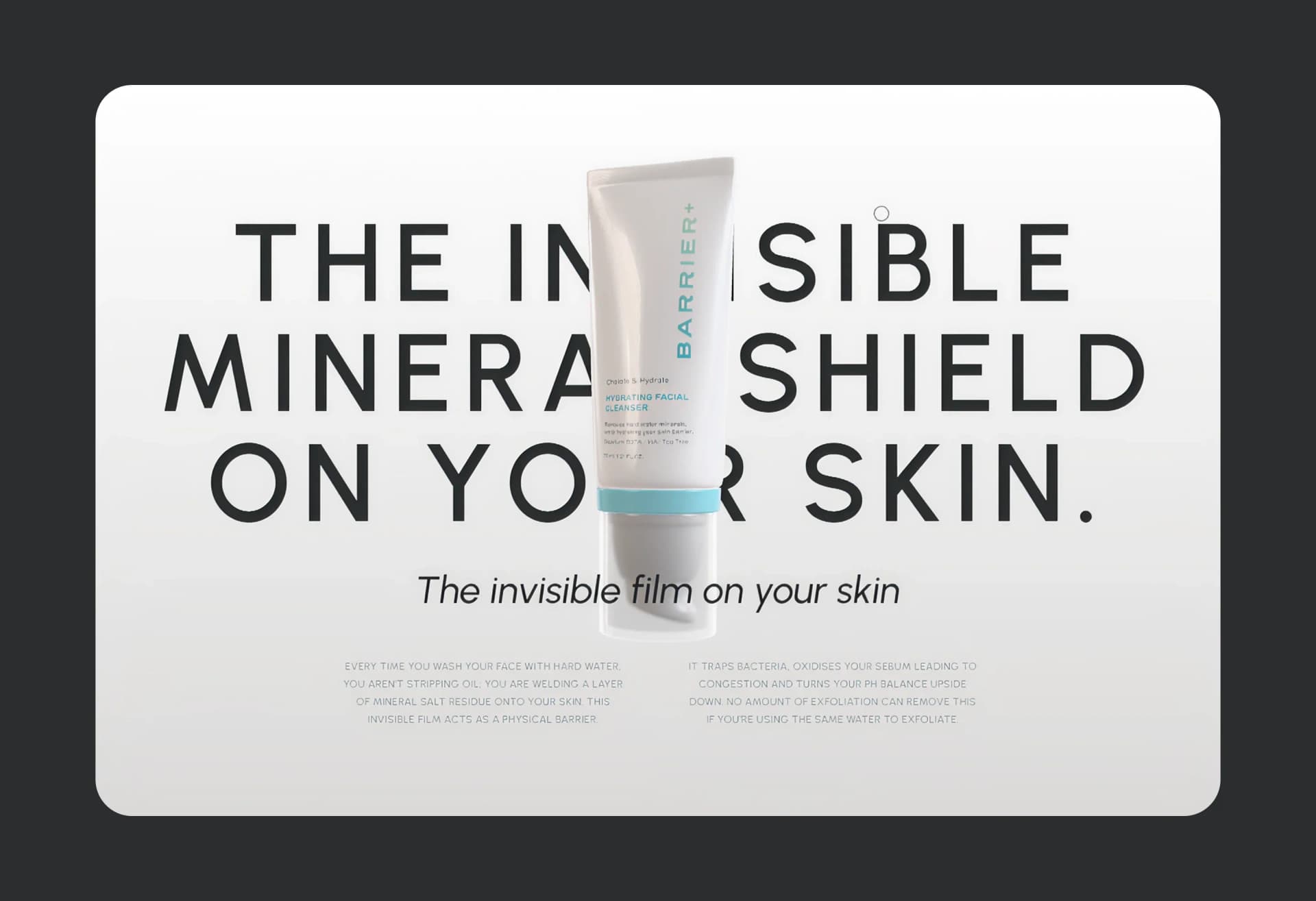 Complete scroll journey: hero to problem intro to big text to product detail to showcase to spec card to finale