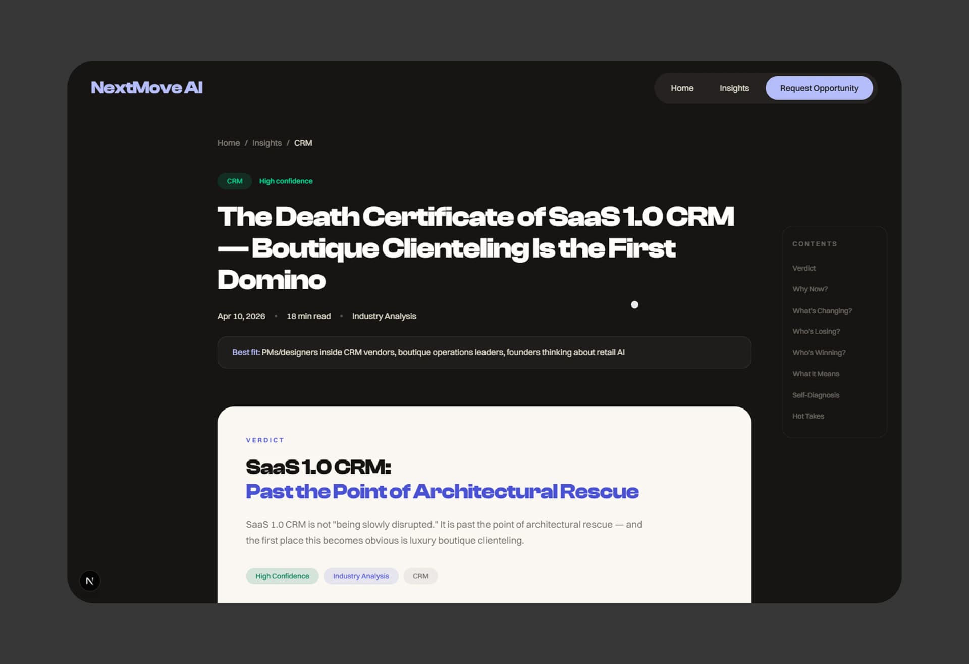 Report long-scroll: verdict to numbered sections to data tables to paywall transition